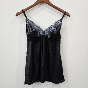 Womens Y2K Mesh Semi Sheer Embroidered Babydoll Tank Top Black Blue Whimsygoth - Picture 1 of 9