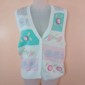 Robert Scott Pastel Flowers Strawberries Applique Sweater Vest Women M  - Picture 1 of 4
