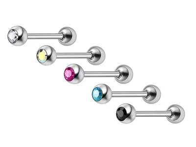 Tongue Barbell Piercing with Gem Ball CZ Crystal Body Jewellery Also for Nipple - Image 1 of 4