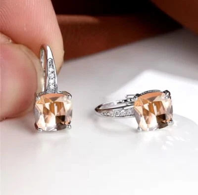 BRINCOS de prata retangulares de pedras de zircônia cúbica champanhe alavanca costas NOVO - Imagem 1 de 2