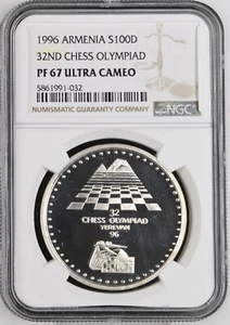 1996 Armenia 100 Dram 32nd Chess Olympiad Yerevan Silver NGC PF 67 ULTRA CAMEO - Picture 1 of 4