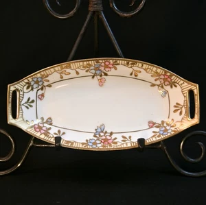 Nippon M-in-Wreath Oval Bowl 8 3/8 x 4 Hand Painted Blue Floral w/Gold 1911-1918 - Picture 1 of 16