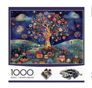 Folk Art Landscape 1000 extra-small piece Jigsaw Puzzle Trees Houses Flowers  - Picture 1 of 3