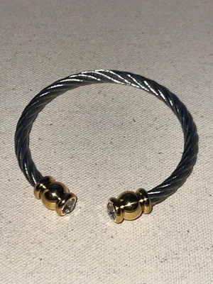 Pre-owned Silver & Gold Plated Twisted Cable Open Bracelet w/ Faceted Crystal - Image 1 of 4