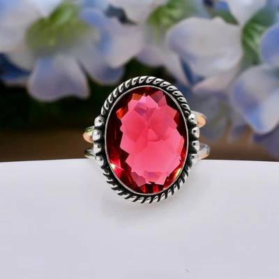 Anillo apilable de plata de ley 925 maciza con piedras preciosas de turmalina rubelita rosa V5277 Foto 1 de 4