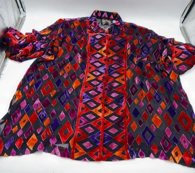 Bob Mackie Top Kimono Mujer 1X Diamante Terciopelo Burnout Mezcla Seda Transparente Botón Foto 1 de 4