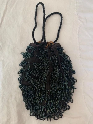 Vintage1920's Black Drawstring Purse With Irresidence Fringe Beads - Image 1 of 3