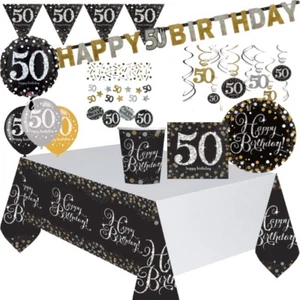 50th Birthday Party Supplies Tableware Decoration Balloons Black Gold Silver - Picture 1 of 21