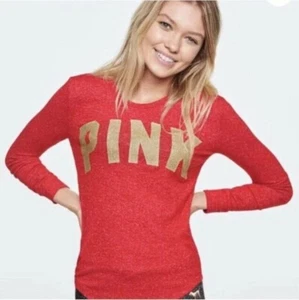 MAGLIETTA VICTORIA'S SECRET ROSA ACCOGLIENTE MANICA LUNGA MEDIA ROSSA ORO GLITTER LOUNGEWEAR - Foto 1 di 6