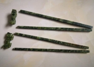2 Pair Natural Jade Chopsticks Nephrite Spinach W+ Rests - Picture 1 of 3