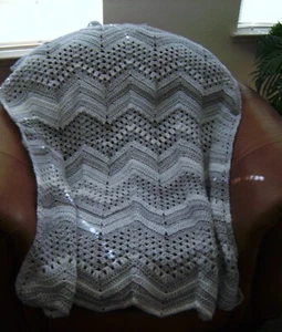 NEW HAND CROCHET LIGHT SILVER GRAY MULTI COLOR RIPPLE AFGHAN LAP BLANKET THROW - Picture 1 of 5