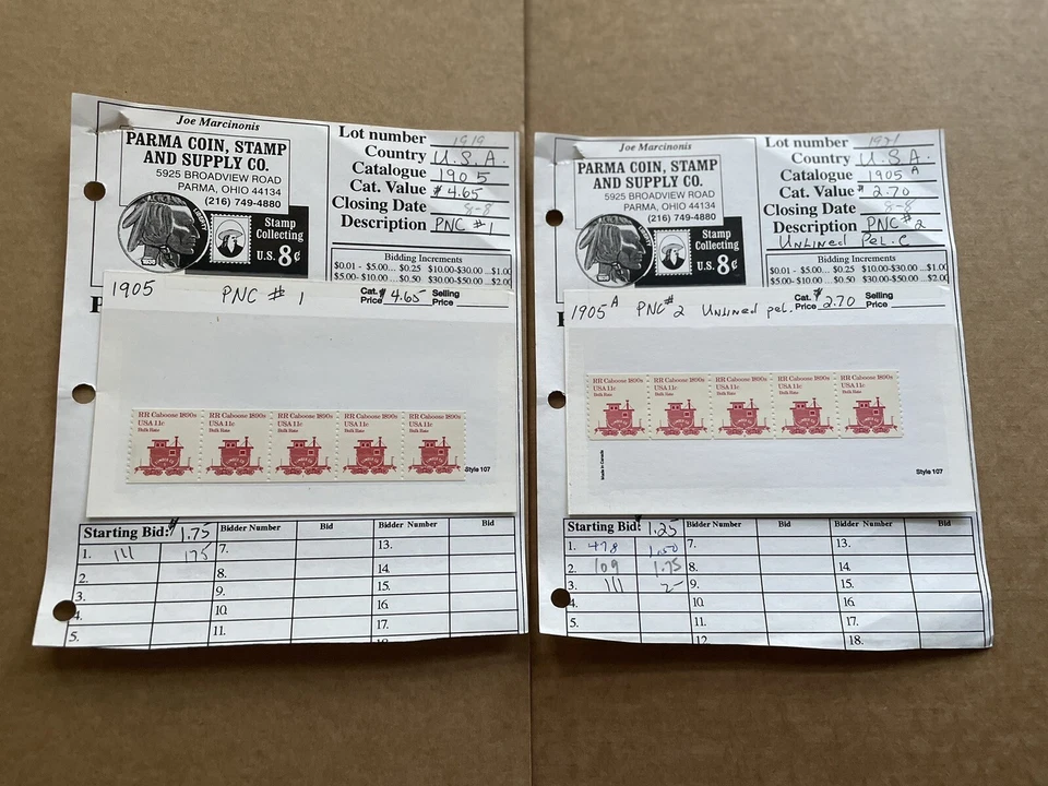 US Transportation PNC MNH #1905 +1905A =PNC#1 +PNC#2 +Old Dealer Auction Sheets - Image 1 of 1