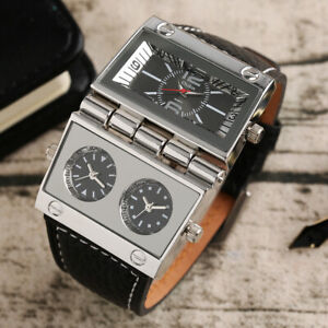 OULM Creative Black Leather Band Men Army Military Quartz Wrist Watch Pin Buckle