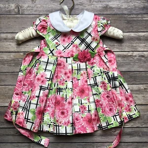 Bonnie Baby White Pink Floral Pleat Cap Sleeve Collar Dress Size 12 Months - Picture 1 of 12