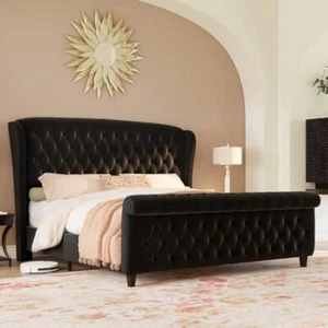 Sleigh Wingback Bed Frame Upholstered Velvet Ottoman Storage &Mattress All Sizes - Picture 1 of 4