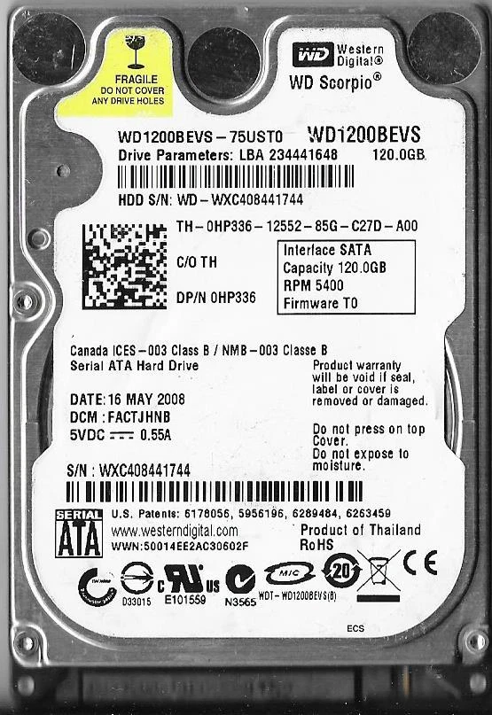 WESTERN DIGITAL WD1200BEVS-75UST0 120GB SATA HARD DRIVE  DCM: FACTJHNB - Image 1 of 2
