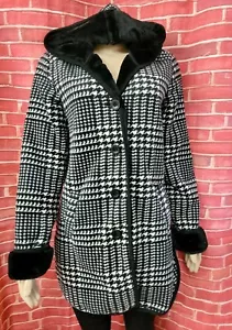 Ike Behar Hooded Houndstooth Coat Black White Women's Fur lining Size M NWT #C - Picture 1 of 12