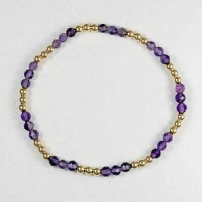 美丽紫水晶刻面圆形宝石镀金珠女式手链 6-8 英寸 — 第 1/4 张图片