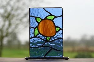 Freestanding Stained Glass Sea Swimming Turtle Panel Suncatcher Gift/Ornament - Picture 1 of 9