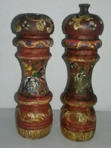 Vintage TRENTO FERRARI Salzstreuer & Pfeffermühle Holz Bauernmalerei, 17 cm - Bild 1 von 7