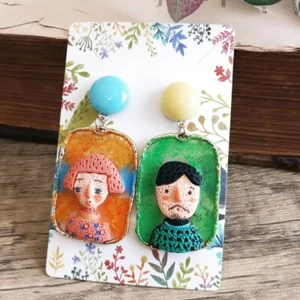 Handmade Colorful Asymmetry Man Woman Couple Figure Portrait Drop Earrings #2 - Picture 1 of 5