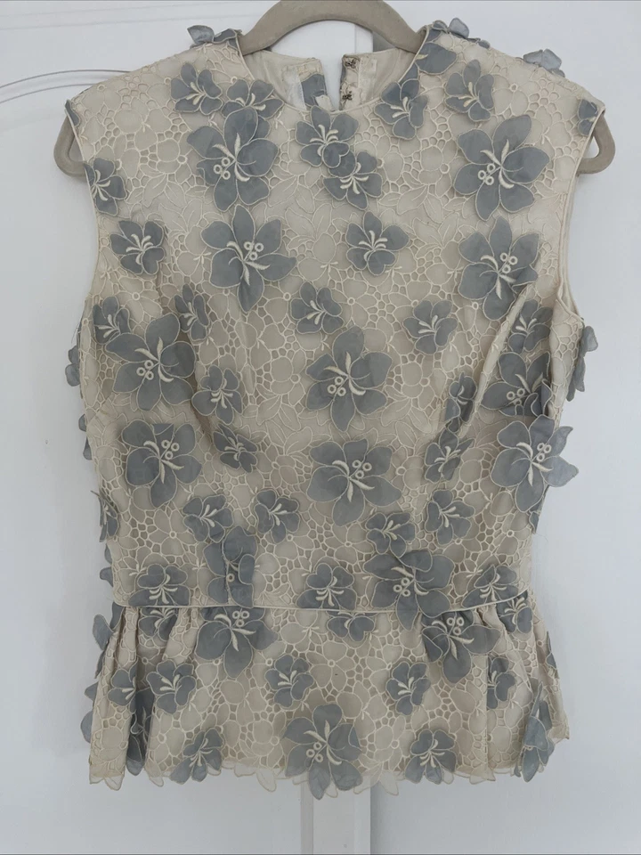 Винтажный шикарный топ Lillie Rubin с 3D синими цветами кремовый 70-е - Изображение 1 из 4