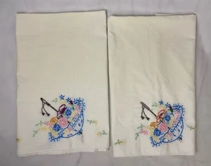 Vintage Pair Of Pillowcases 29x19 Floral Umbrella Elaborate Hand Embroidered - Picture 1 of 7