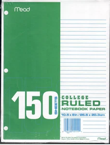 Mead Pack 150 Blatt College liniertes Notizbuchpapier 10 1/2" x 8" ~ kostenloser Versand USA - Bild 1 von 4