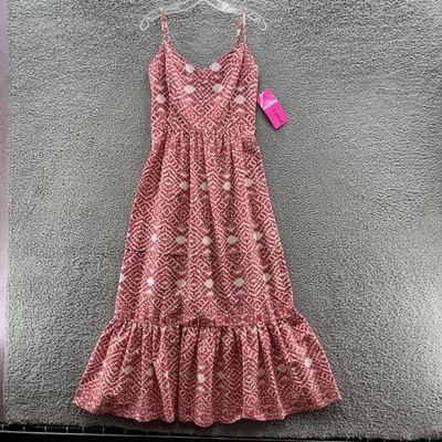 Betsey Johnson Dress 8 Red White Ikat Maxi Ruffle Hem Boho Sundress Linen Blend - Image 1 of 4