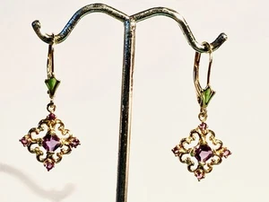 Vtg 14k Y Gold Dangle Earrings Natural Amethyst 2.92grams - Picture 1 of 7