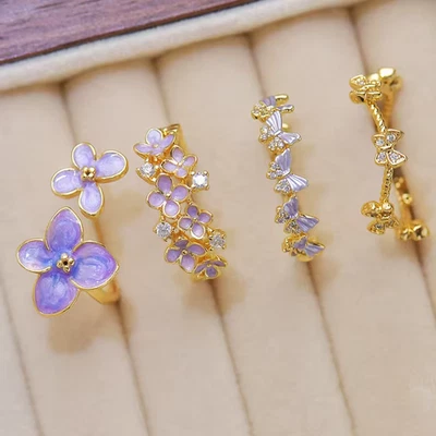 Anillo de circón 4 piezas para mujer nuevo púrpura súper hada temperamento flor goteo Foto 1 de 4