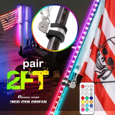 Para Polaris Ranger XP 1000 Par 2 ft RGB LED Barra de Luz Látigo Antena con Bandera Persecución Foto 1 de 4