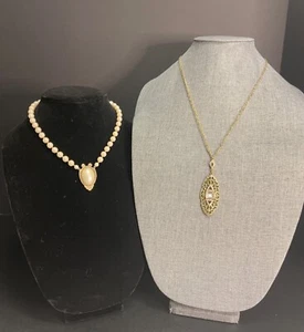 2 Macy’s New Old Stock 1928 Signed Necklaces Pendant Rhinestone and Pearl - Picture 1 of 10