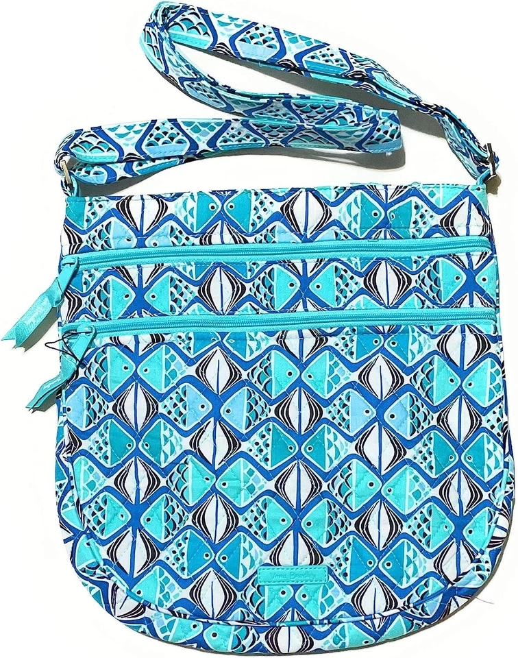 Vera Bradley Go Fish Blue Triple Zip Hipster Crossbody Bag Quilted