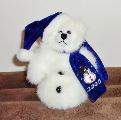 Unipak 2000  Plush Teddy Bear Snowman Stuffed  - White w Blue Scart & Hat - 5" - Image 1 of 4