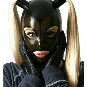 Latex Hood with Blond Ponytail Wig Rubber Mask with Hair Pigtail Tube Club Wear - Picture 1 of 1