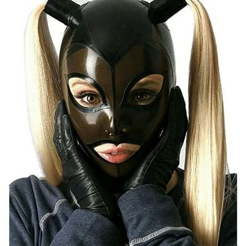 Latex Hood with Blond Ponytail Wig Rubber Mask with Hair Pigtail Tube Club Wear - Image 1 of 1