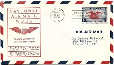 US FDC 1938 SC#C23 Posted St. Petersburg FL, National Airmail Week Dayton Ohio  - Image 1 of 2
