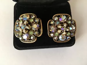 Vgt 50’s Florenza AB Crystals Flash Blue Green Purple Earrrings W Seed Pearls - Picture 1 of 8