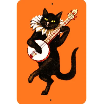Funny Cat Metal Sign 8x12 Orange Poster Black Dancing Cat With Banjo Humor Cute - Image 1 of 4