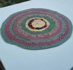 Hand Crocheted Rag Rug 24" Round Green Pink Knitted Accent Rug Hand Made - Picture 1 of 15