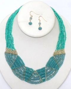 Juego de pendientes collar cuentas semillas vidrio turquesa y dorado multihilo - Imagen 1 de 3
