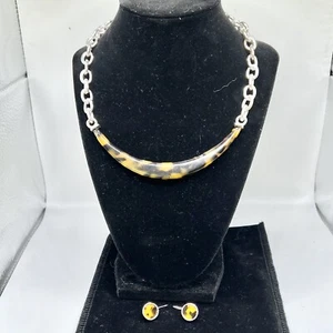 Ralph Lauren Choker Vintage Necklace & Earrings Tigers Eye Silver Tone - Picture 1 of 6