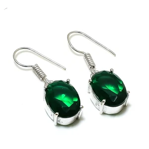 Chrome Diopside Gemstone Earrings Handmade Solitaire Oval Shape Jewelry 1.40" - Picture 1 of 9