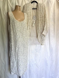 Vintage Damen 80er Jahre Judith Ann 2-teiliges Set Perlen Viskose Kleid & Jacke Übergröße - Bild 1 von 9