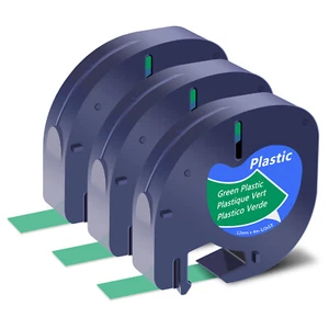3PK For DYMO LetraTag Plus LT100T 12mm Black on Green plastic Label Tape 91334 - Picture 1 of 12