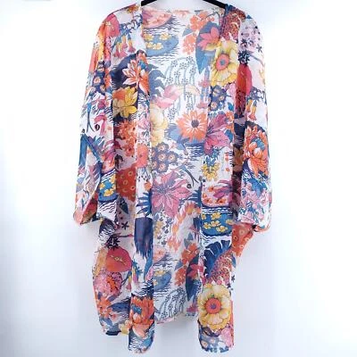 Cárdigan japonés floral botánico bohemio transparente frente abierto kimono cubierta | L Foto 1 de 4