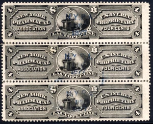 US RS187c 4c Private Die Medicine 1877 New York Pharmacal Association strip of 3 - Picture 1 of 2