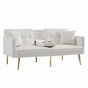 Velvet Convertible Sofa Bed with Cup Holder Upholstered Folding Couch Loveseat - Picture 1 of 39