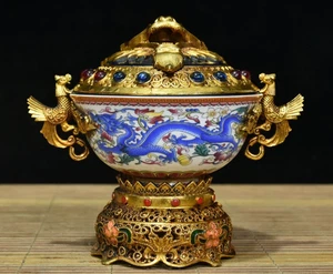 Exquisite china Porcelain bowl armor copper enamel dragon and phoenix statue - Picture 1 of 9